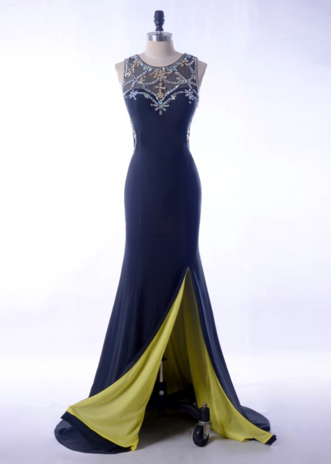 Navy Blue Evening Dress Mermaid Crystals Beading Long Elegant Prom Dresses Side Split Spandex Sexy Women Party Gown
