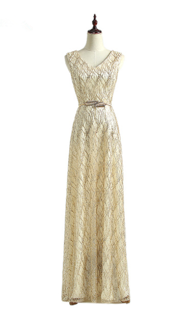 Double-shoulder V-neck Formal Lace Up Long Design Gold Color Evening Dress