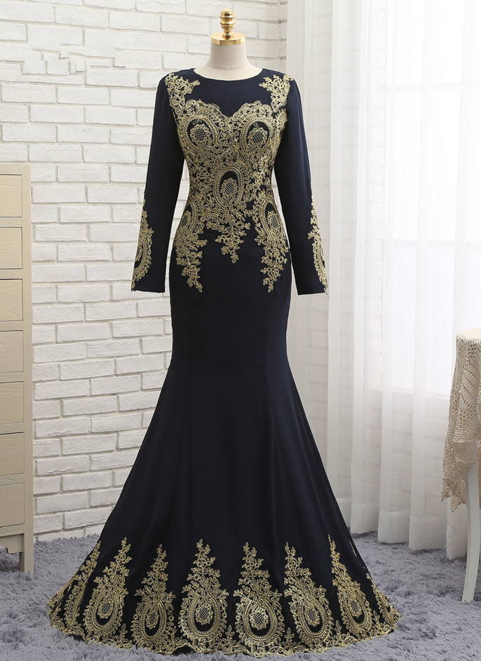 Muslim Evening Dresses Mermaid Long Sleeves Chiffon Appliques Lace Elegant Long Evening Gown Prom Dress Prom Gown