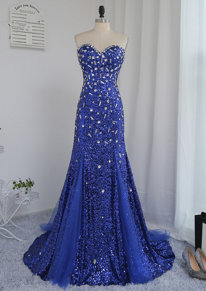 Real Sample Evening Dresses Mermaid Sweetheart Royal Blue Crystals Long Evening Gown Prom Dress Prom Gown
