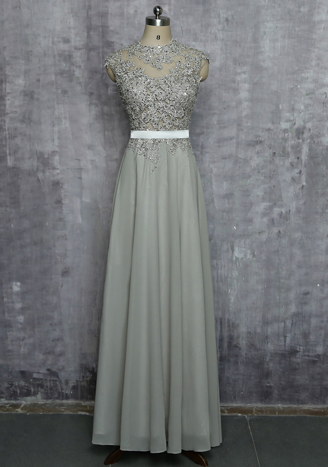 Gray Evening Dresses A-line Cap Sleeves One-shoulder Chiffon Appliques Beaded Long Evening Gown Prom Dress Robe De Soiree