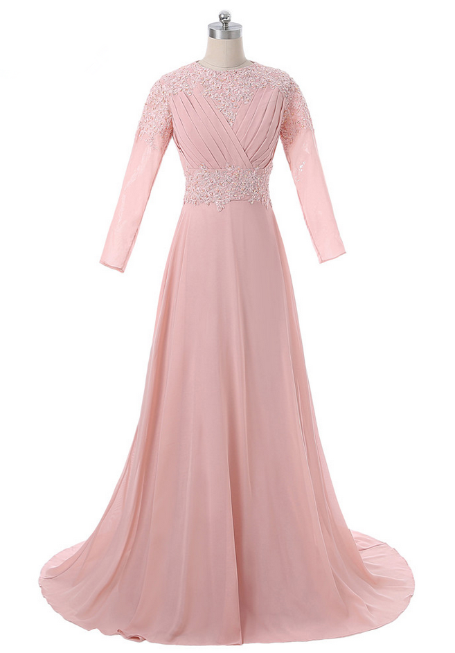 Peach Muslim Evening Dresses A-line Long Sleeves Chiffon Lace Beaded Islamic Dubai Abaya Long Evening Gown Saudi Arabia