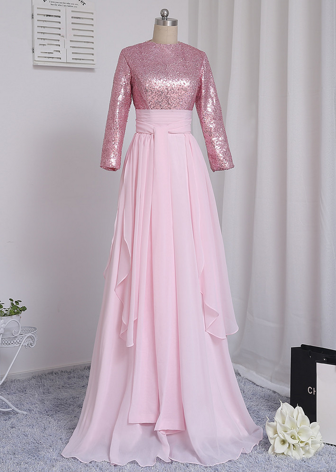 Pink Muslim Evening Dresses A Line Long Sleeves Chiffon Sequins Elegant Saudi Arabic Long
