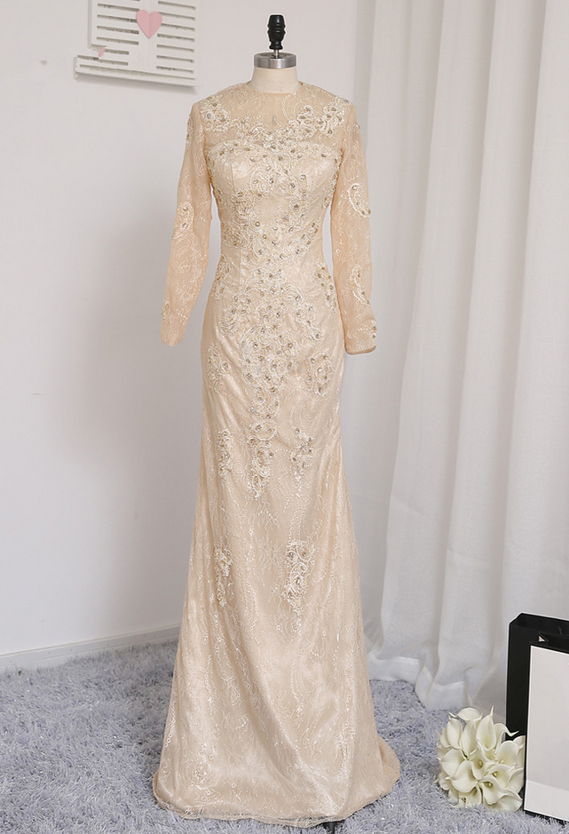 Champagne Evening Dresses Mermaid Long Sleeves Lace Crystals Elegant Long Evening Gown Prom Dress Prom Gown