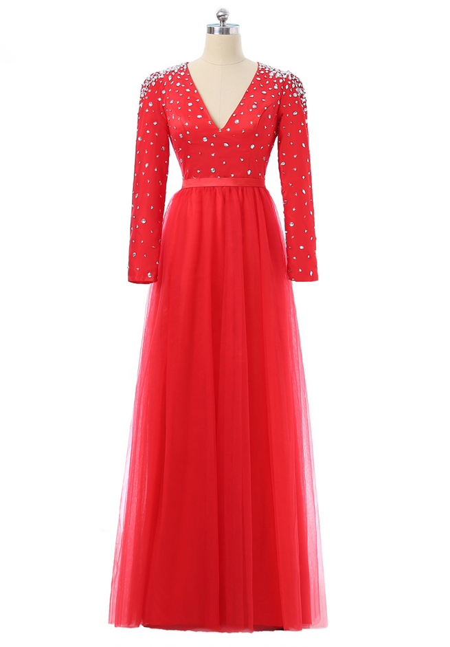 Red Muslim Evening Dresses A-line V-neck Long Sleeves Tulle Crystals Islamic Dubai Abaya Long Evening Gown Saudi Arabia