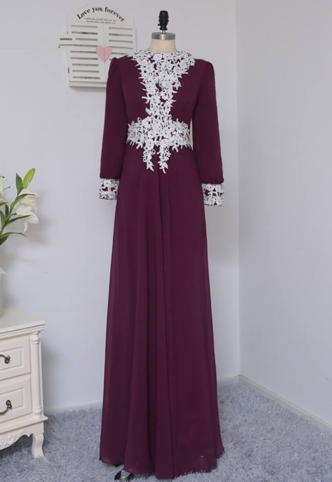 Purple Evening Dresses A-line Long Sleeves Chiffon Lace Elegant Long Evening Gown Prom Dress Prom Gown