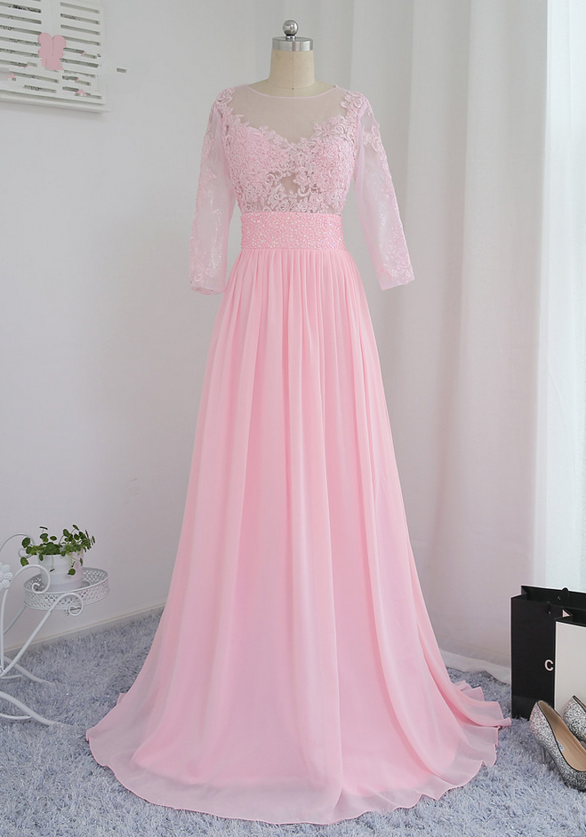 Pink Evening Dresses A-line 3/4 Sleeves Chiffon Appliques Lace See Through Long Evening Gown Prom Dress Prom Gown