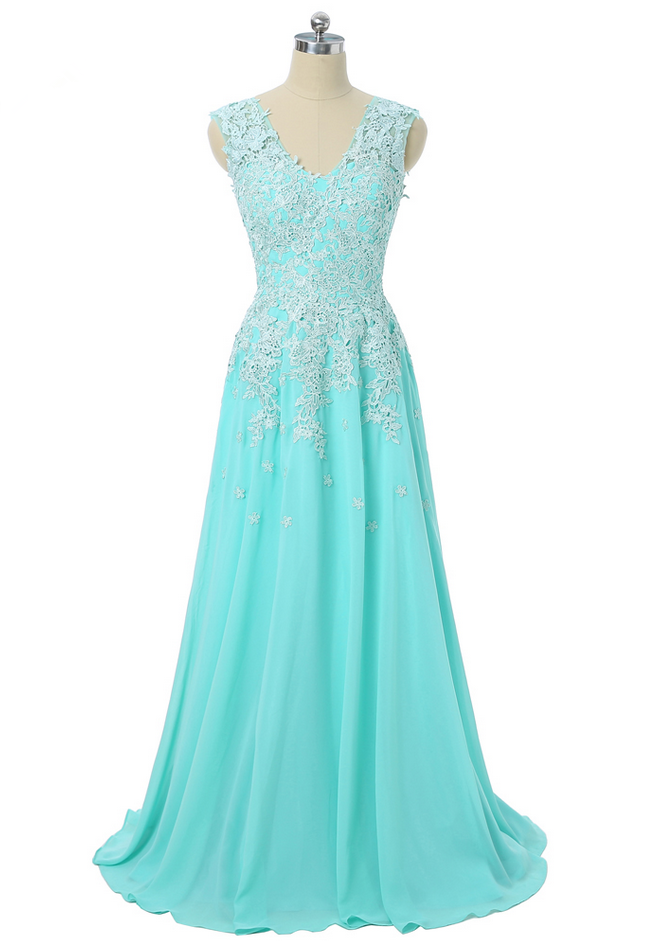 Turquoise Evening Dresses A-line Cap Sleeves V-neck Chiffon Lace Women Long Evening Gown Prom Dresses Robe De Soiree
