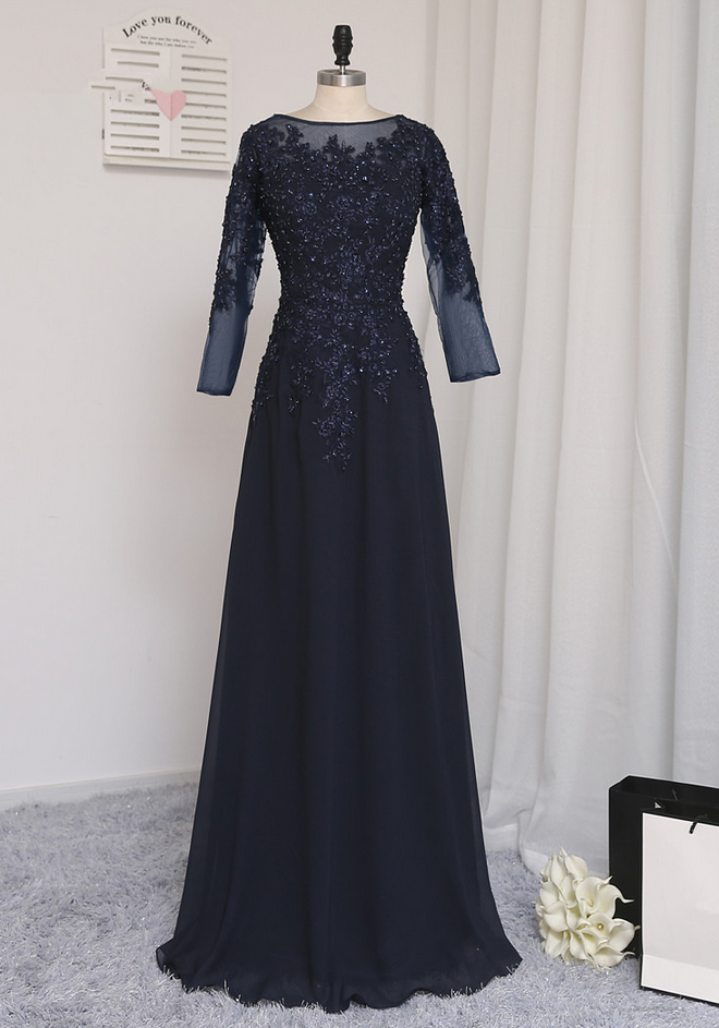 Navy Blue Evening Dresses A-line Long Sleeves Chiffon Appliques Beaded Long Evening Gown Prom Dress Prom Gown