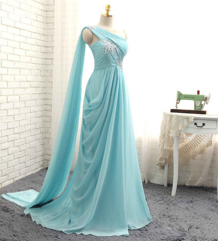 Turquoise Evening Dresses A Line One Shoulder Chiffon Beaded Crystals Long Evening Gown Prom 2384