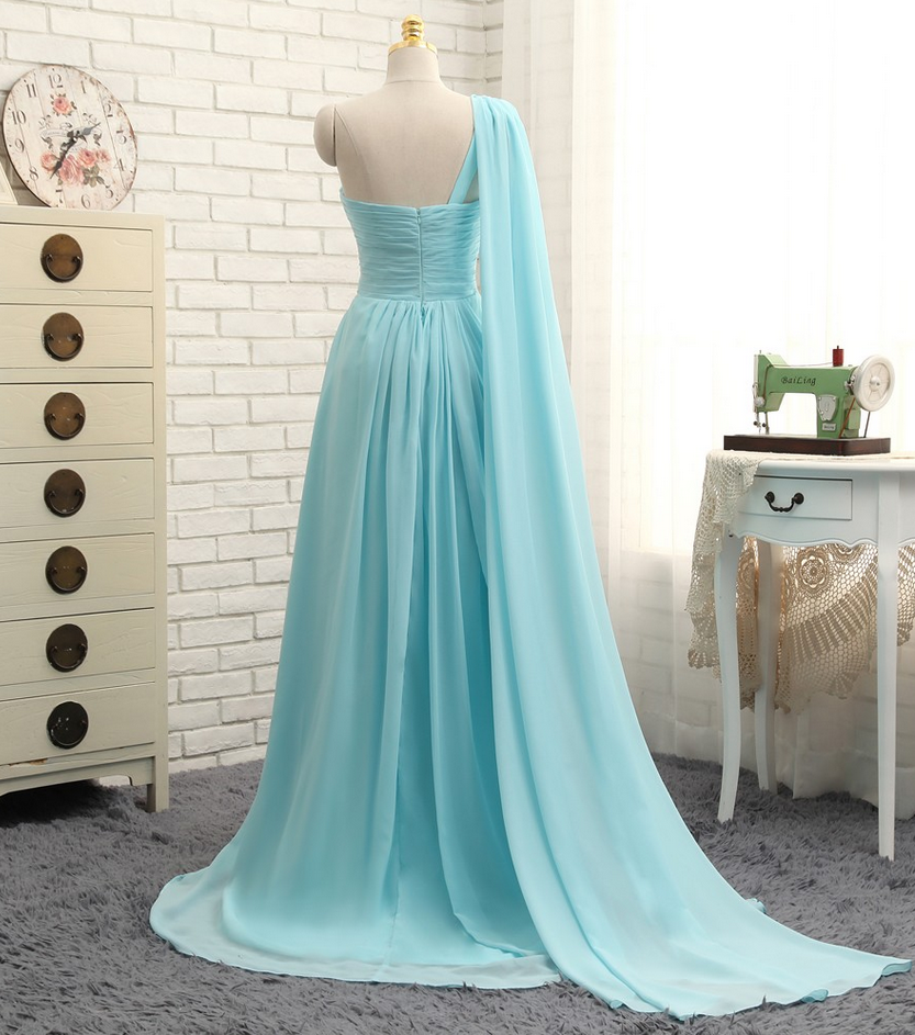 Turquoise Evening Dresses A Line One Shoulder Chiffon Beaded Crystals Long Evening Gown Prom 9218