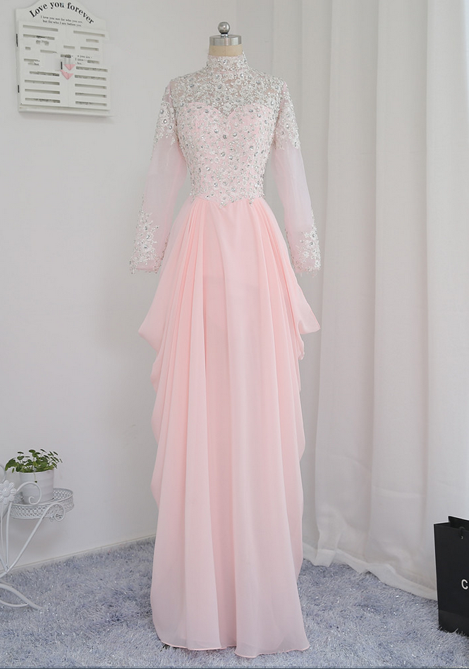 Evening Dresses A-line Long Sleeves Coral Appliques Beaded Islamic Dubai Abaya Kaftan Long Evening Gown Prom Dress