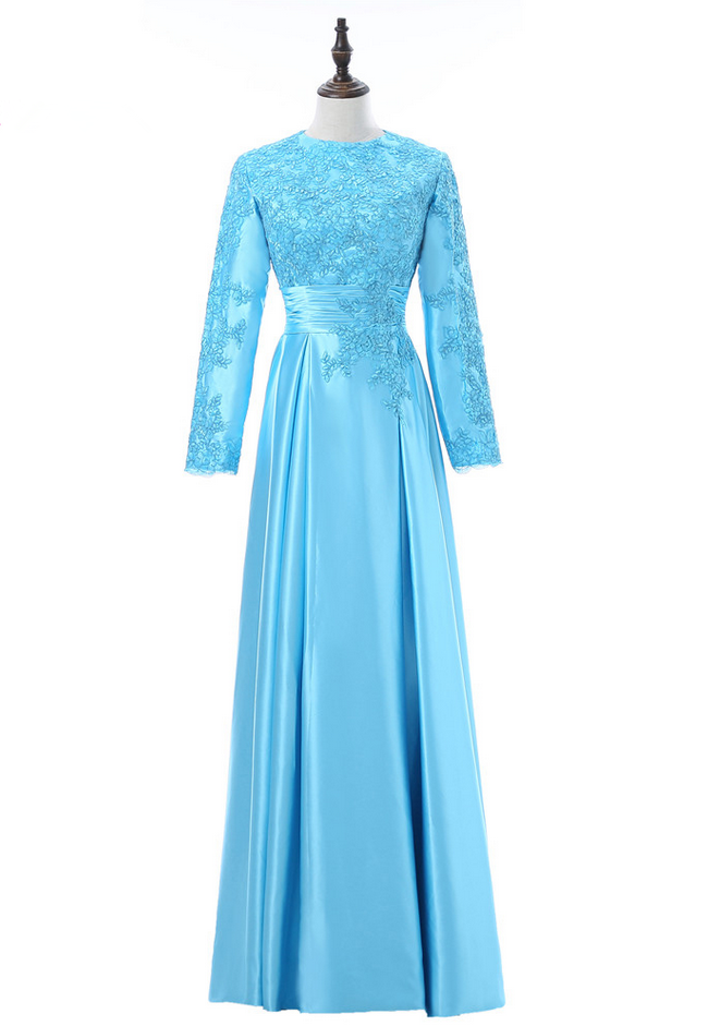 Turquoise Muslim Evening Dresses A-line Long Sleeves Chiffon Lace Islamic Dubai Abaya Kaftan Long Evening Gown Prom Dress