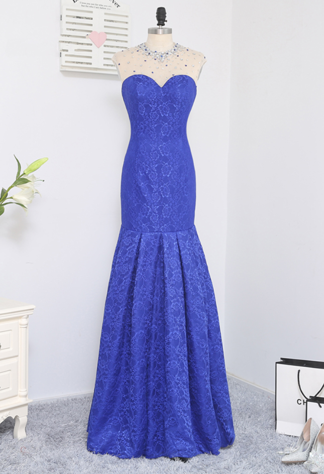 Royal Blue Evening Dresses Mermaid Cap Sleeves Lace Beaded See Through Long Evening Gown Prom Dress Prom Gown