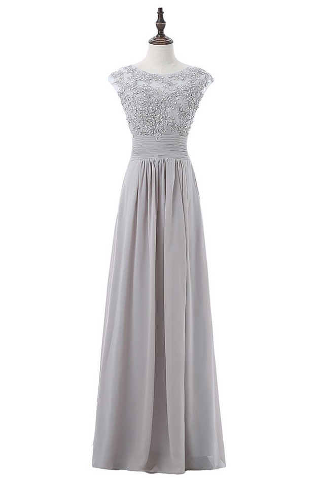 Silver Evening Dresses A-line Cap Sleeves Chiffon Appliques Beaded Women Long Evening Gown Prom Dresses Robe De Soiree