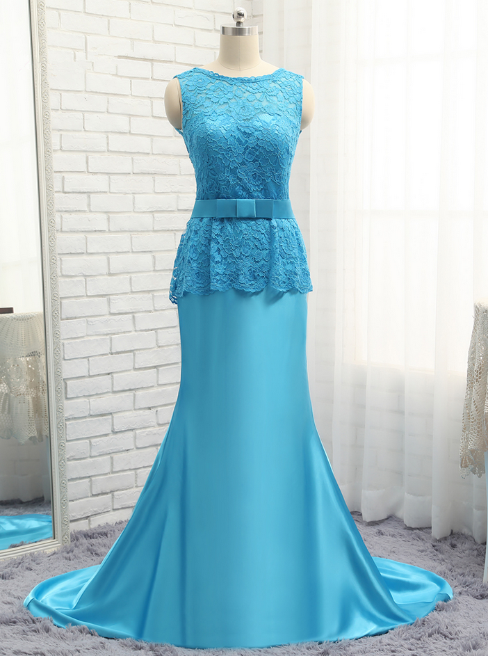 Royal Blue Evening Dresses Mermaid Sweep Train Satin Lace Sash Backless Long Evening Gown Prom Dress Prom Gown