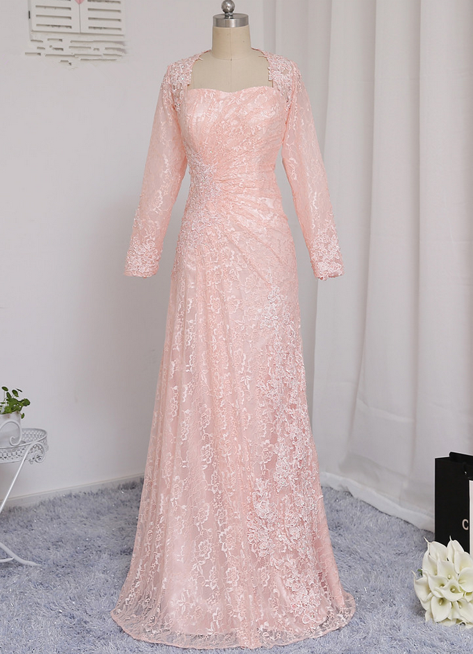 Pink Evening Dresses A-line Sweetheart Long Sleeves Appliques Lace Elegant Long Evening Gown Prom Dress Prom Gown
