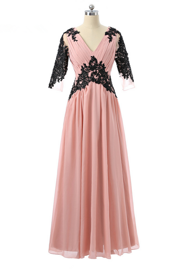 Pink Evening Dresses A-line V-neck 3/4 Sleeves Chiffon Appliques Beaded Women Long Evening Gown Prom Dresses Robe De Soiree