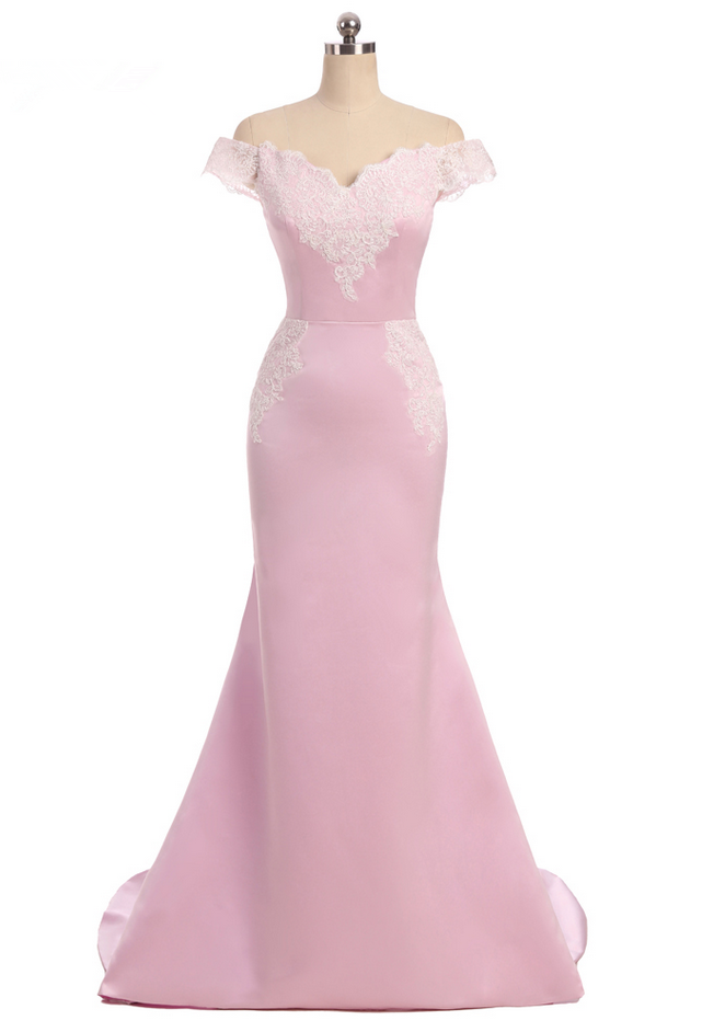 Pink Evening Dresses Mermaid V-neck Cap Sleeves Satin Lace Appliques ...