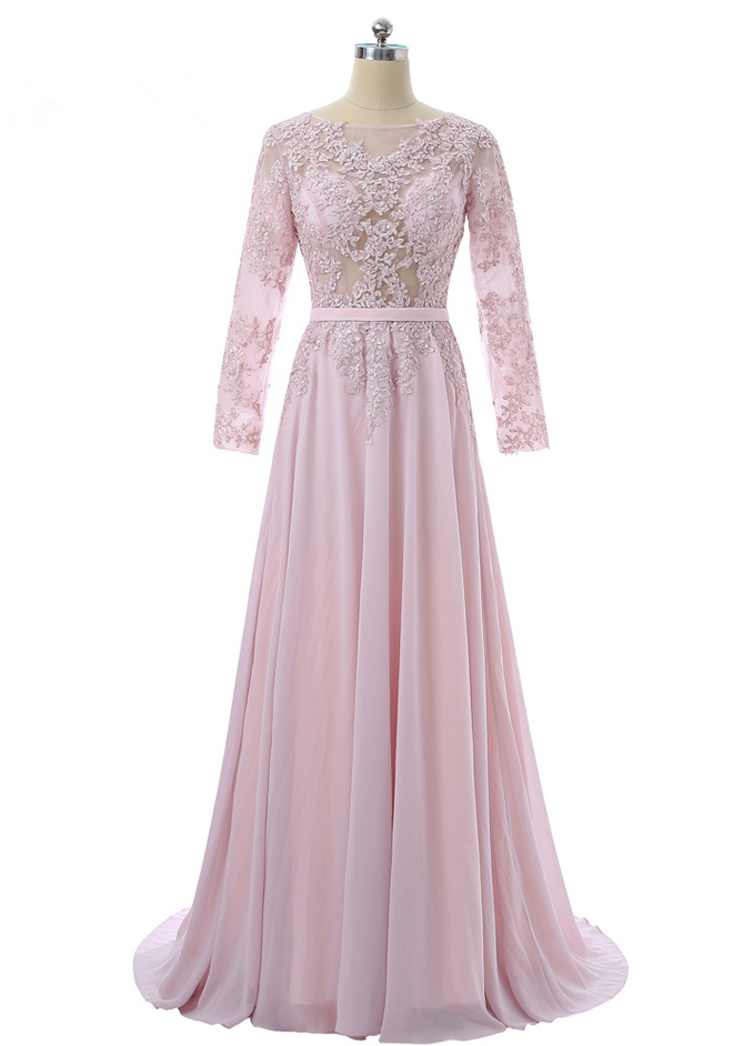 Pink Muslim Evening Dresses A-line Long Sleeves Chiffon Lace See Through Long Evening Gown Prom Dresses Robe De Soiree