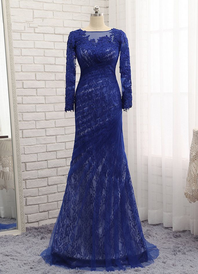 Royal Blue Evening Dresses Mermaid Long Sleeves Lace Tulle Appliques Long Evening Gown Prom Dress Prom Gown
