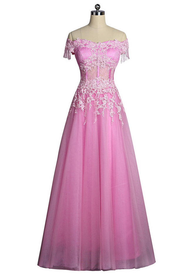 Pink Evening Dresses A-line V-neck Cap Sleeves Tulle Lace Appliques Women Long Evening Gown Prom Dresses Robe De Soiree