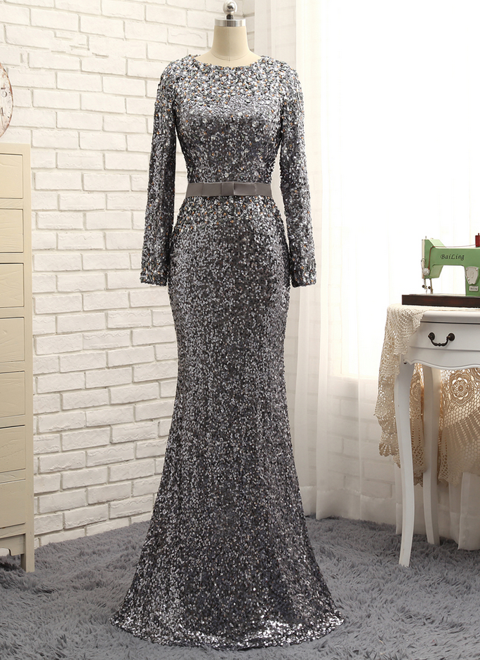Gray Evening Dresses Mermaid Long Sleeves Crystals Sparkle Long Evening Gown Prom Dress Prom Gown