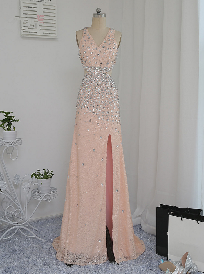 Open Back Prom Dresses A-line V-neck Champagne Slit Sexy Sequins Crystals Prom Gown Evening Dresses Evening Gown