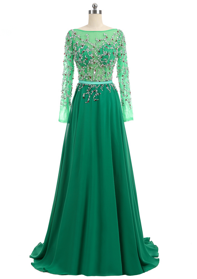 Luxurious Prom Dresses A-line Long Sleeves Open Back Chiffon Beaded Crystals Prom Gown Evening Dresses Evening Gown