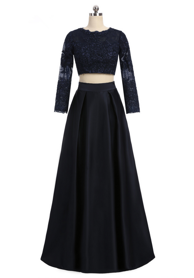 Two Pieces A-line Long Sleeves Black Satin Lace See Through Elegant Long Evening Dresses Evening Gown Prom Dresses Gown