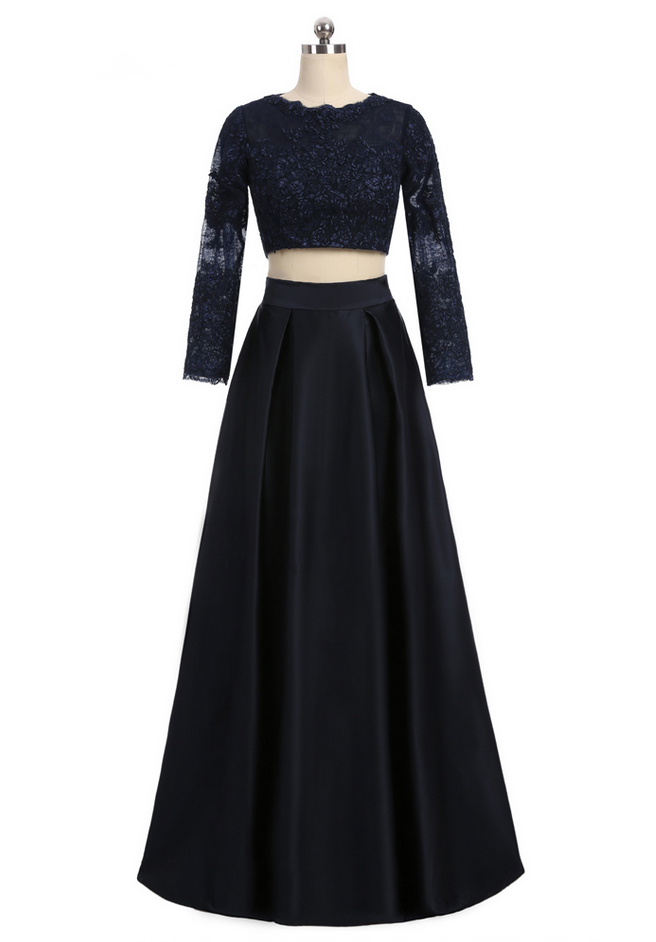 Two Pieces Black A-Line Long Sleeve O-Neck Long Prom Dresses