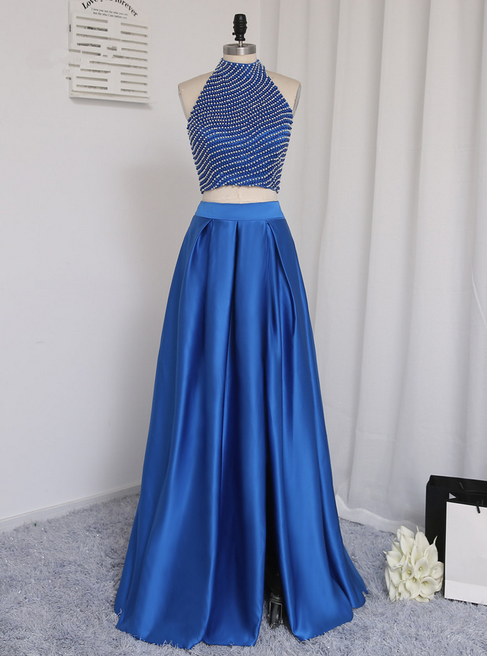 Royal Blue Real Sample Prom Dresses A-line High Collar Floor Length Pearl Two Pieces Prom Gown Evening Dresses Evening Gown