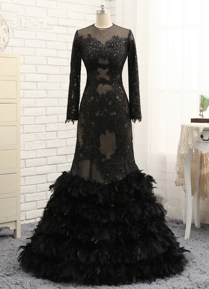 Black Prom Dresses Mermaid High Collar Long Sleeves Appliques Feather See Through Prom Gown Evening Dresses Evening Gown