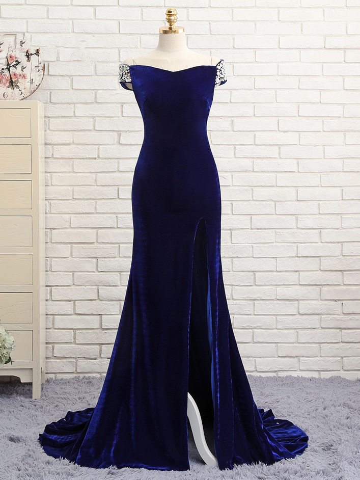 Royal Blue Prom Dresses Mermaid V-neck Backless Velvet Crystals Slit Long Prom Gown Evening Dresses Evening Gown