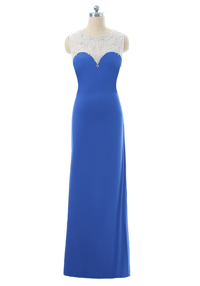 Royal Blue Prom Dresses Sheath Floor Length See Through Satin Beaded Long Prom Gown Evening Dresses Robe De Soiree