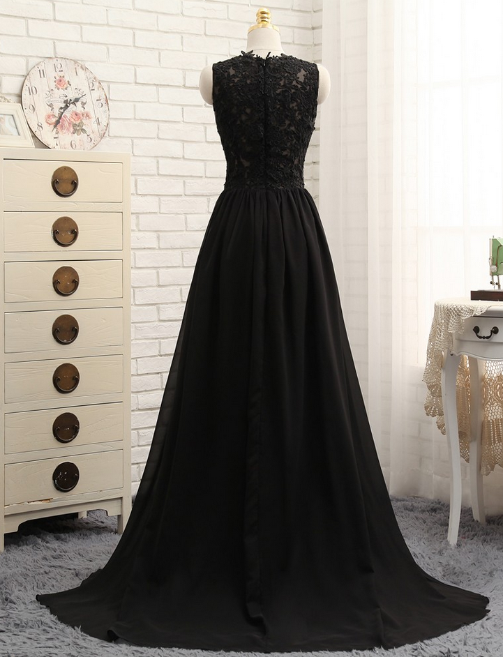 Prom Dresses A-line Black Chiffon Appliques Lace Sexy Long Prom Gown ...