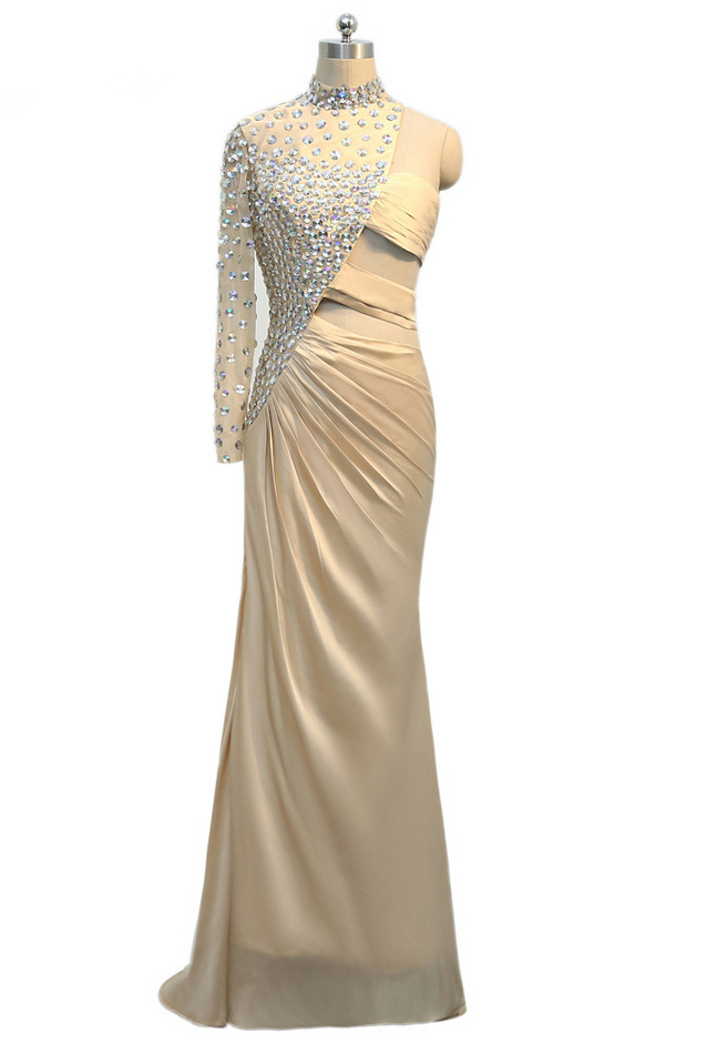 Champagne Prom Dresses Mermaid One-shoulder Crystals Open Back Sexy Women Long Prom Gown Evening Dresses Robe De Soiree