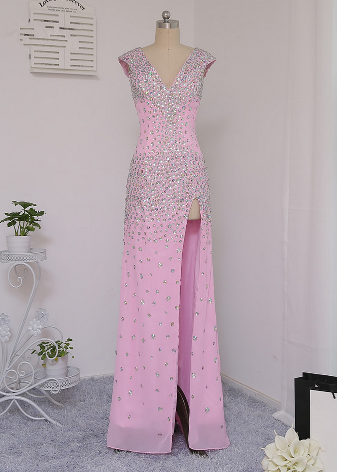 Pink Prom Dresses Mermaid Cap Sleeves Backless Crstals Sexy Slit Long Prom Gown Evening Dresses Evening Gown