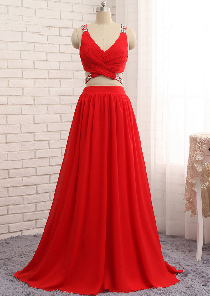 Open Back Prom Dresses A-line V-neck Floor Length Chiffon Bead Two Pieces Prom Gown Evening Dresses Evening Gown