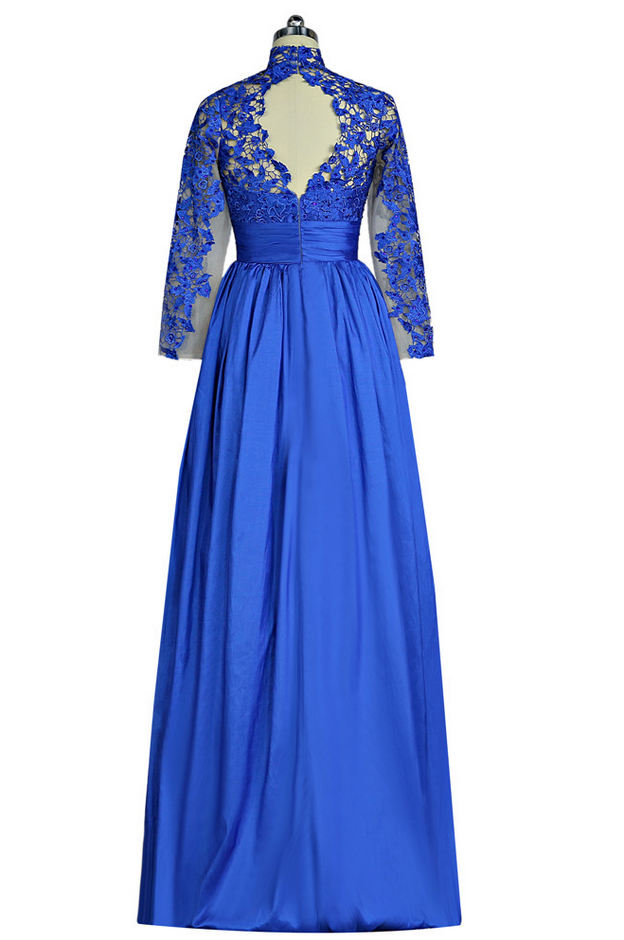 Royal Blue Prom Dresses A-line Long Sleeves Appliques Open Back Sexy ...