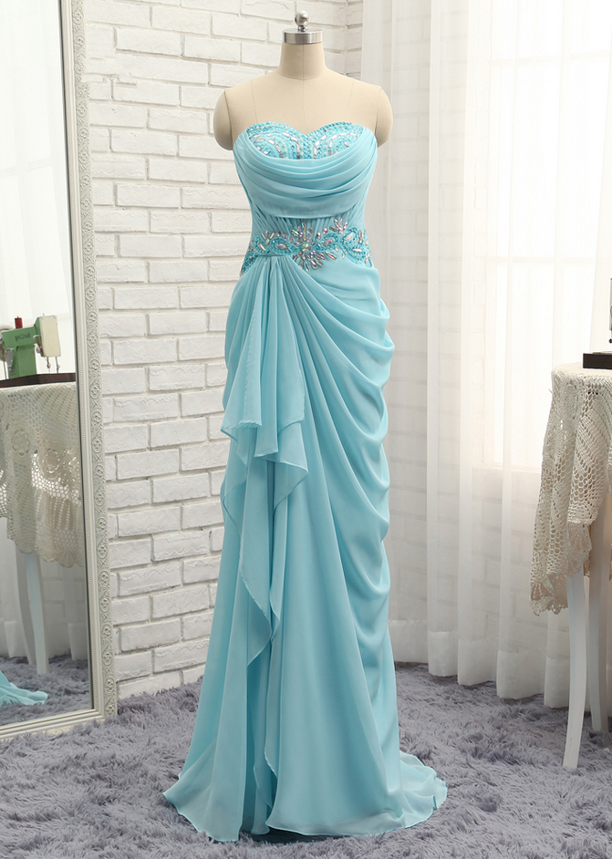 Sexy Prom Dresses Mermaid Sweetheart Turquoise Chiffon Crystals Bead Slit Prom Gown Evening Dresses Evening Gown