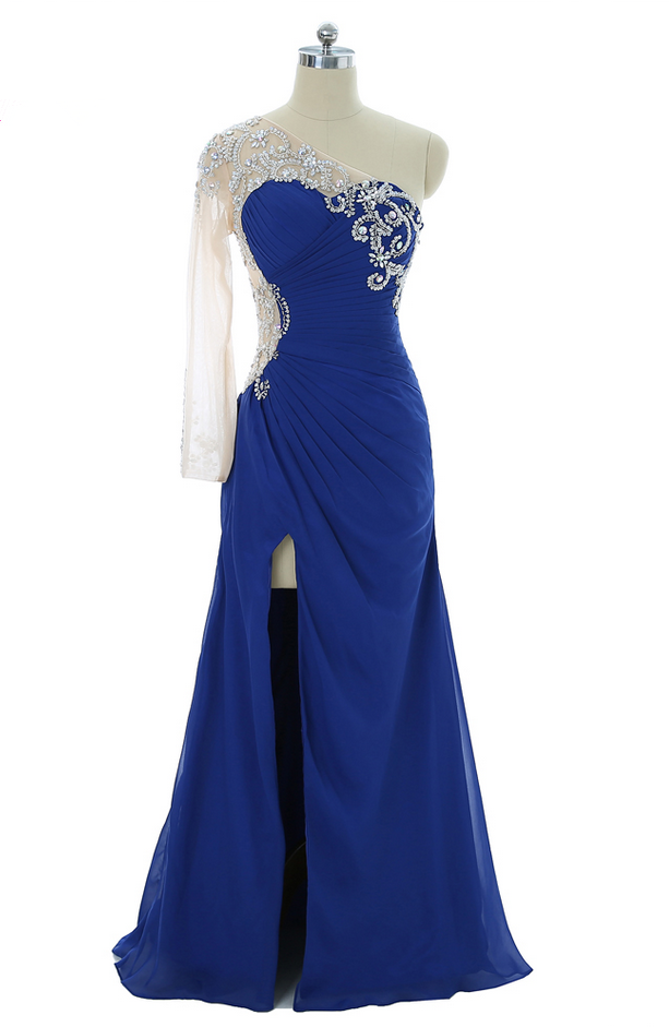 Royal Blue Prom Dresses Mermaid One-shoulder Chiffon See Through Crystals Long Prom Gown Evening Dresses Robe De Soiree