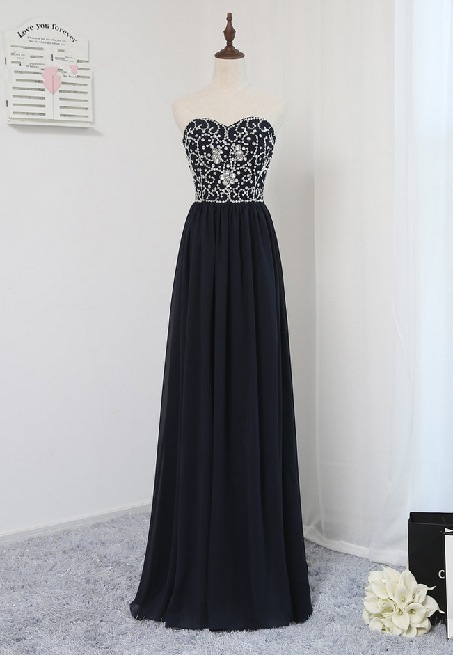 Elegant Prom Dresses A-line Sweetheart Navy Blue Chiffon Beaded Crystals Long Prom Gown Evening Dresses Evening Gown