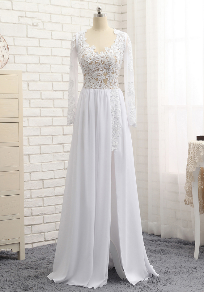 Prom Dresses A-line Sweetheart White Chiffon Lace Slit Long Prom Gown Evening Dresses Evening Gown
