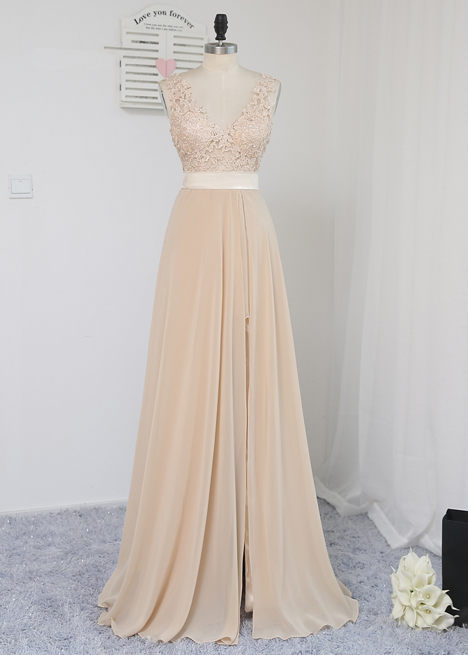 Champagne Prom Dresses A-line V-neck Chiffon Lace Slit Sexy Backless Long Prom Gown Evening Dresses Evening Gown