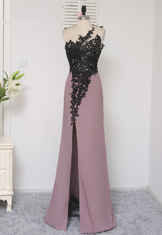 Black Prom Dresses Mermaid Floor Length Open Back Applique Lace Slit Sexy Prom Gown Evening Dresses Evening Gown