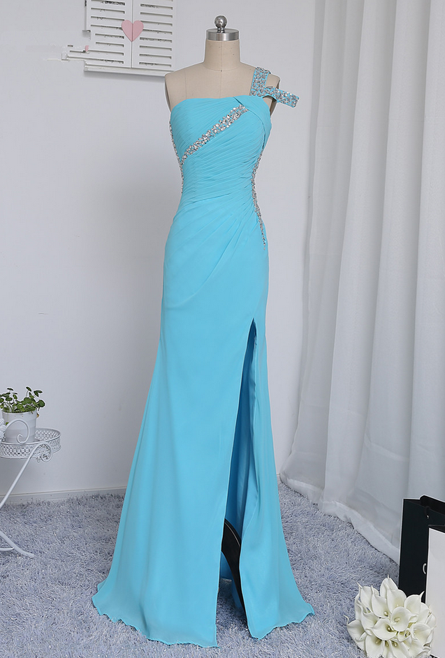 Blue Prom Dresses Mermaid Open Back Beaded Sexy Slit Long Prom Gown Evening Dresses Evening Gown