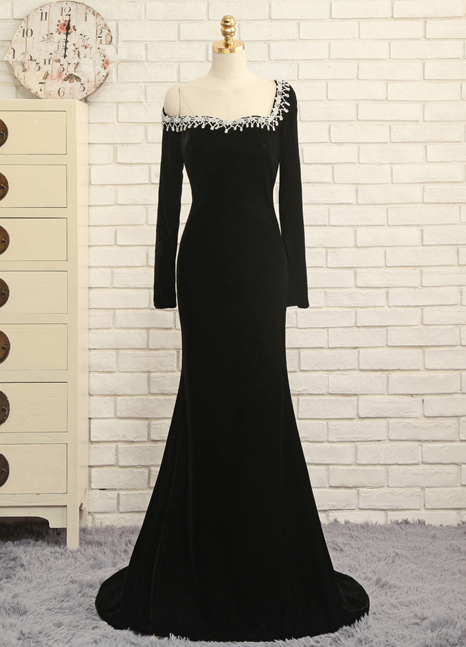 Black Prom Dresses Mermaid Long Sleeves Velvet Beaded Backless Long Prom Gown Evening Dresses Evening Gown
