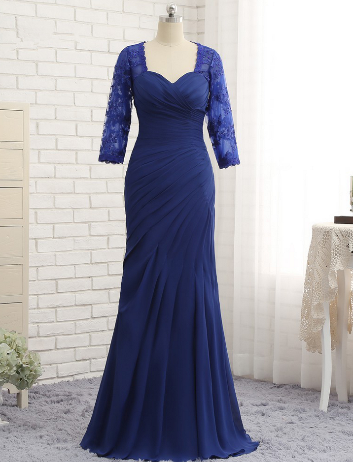 Royal Blue Mother Of The Bride Dresses Mermaid 3/4 Sleeves Lace Long Evening Dresses Mother Dresses For Wedding