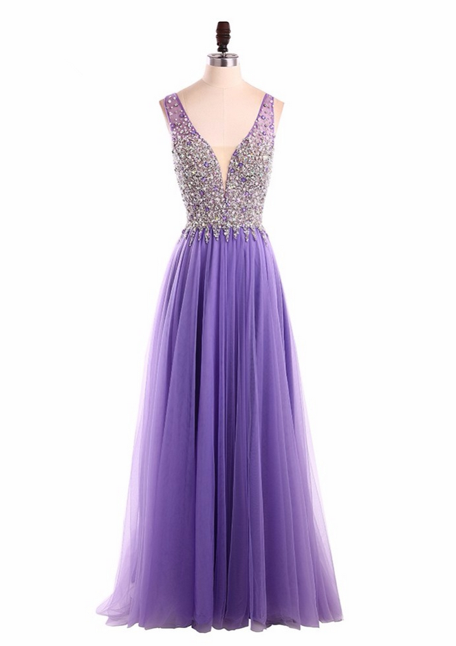 Long Purple Evening Dress Robe De Soiree V Neck Sequins Beading Luxury Tiered Formal Year Dresses